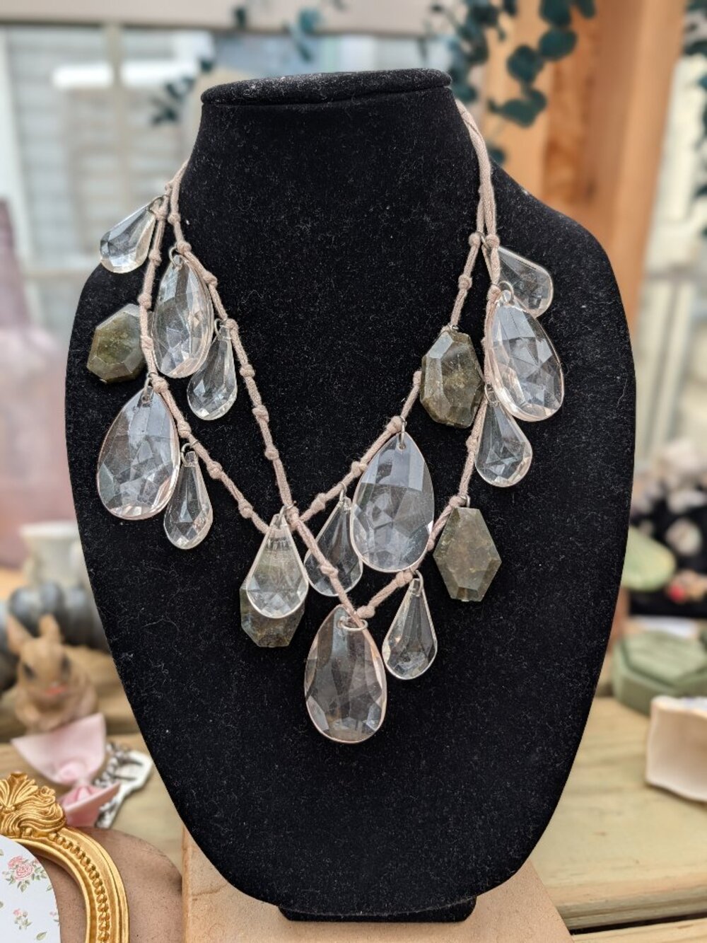 Vintage y2k Labradorite Nugget & Clear Crystal Look Beaded Statement Necklace